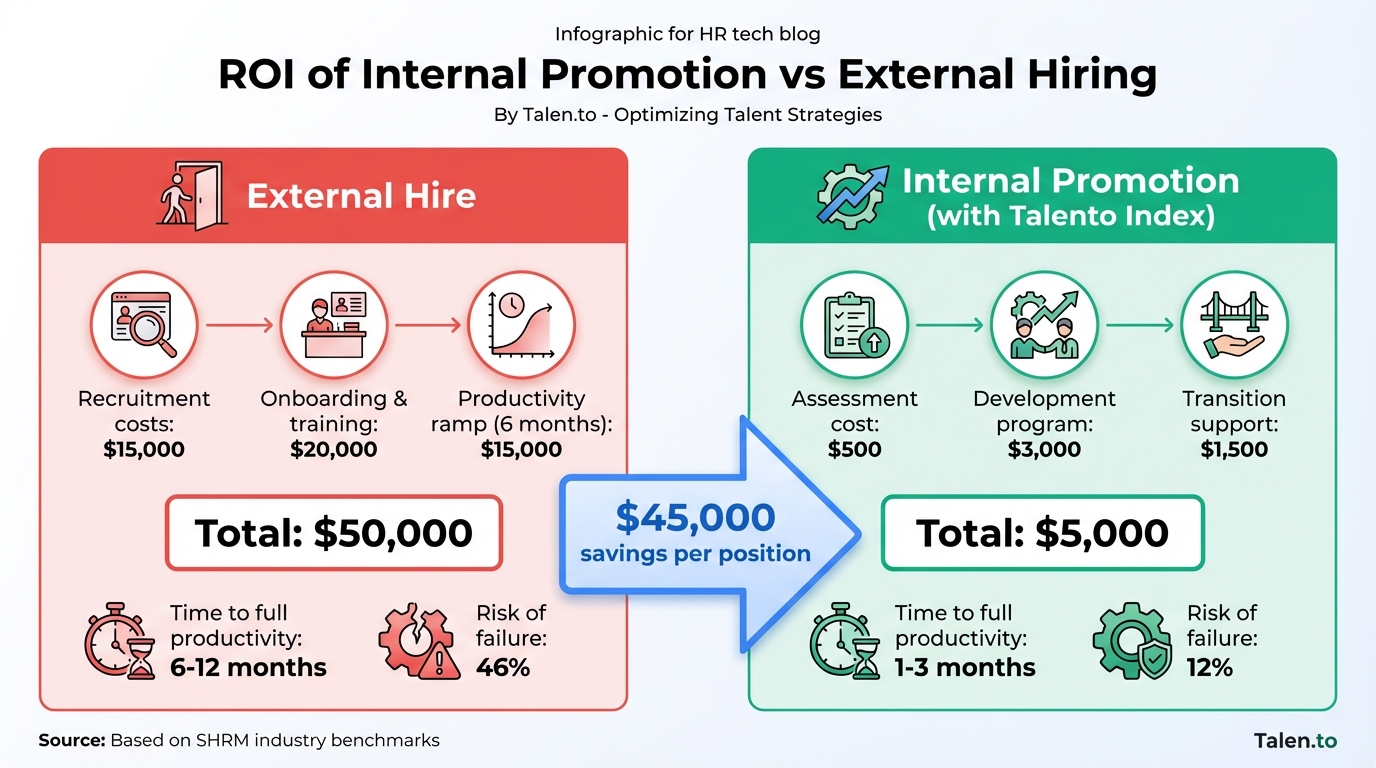 ROI de promoción interna vs contratación externa: $50K external hire vs $5K internal promotion