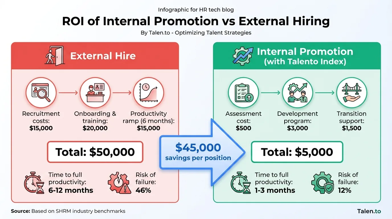 ROI de promoción interna vs contratación externa: $50K external hire vs $5K internal promotion